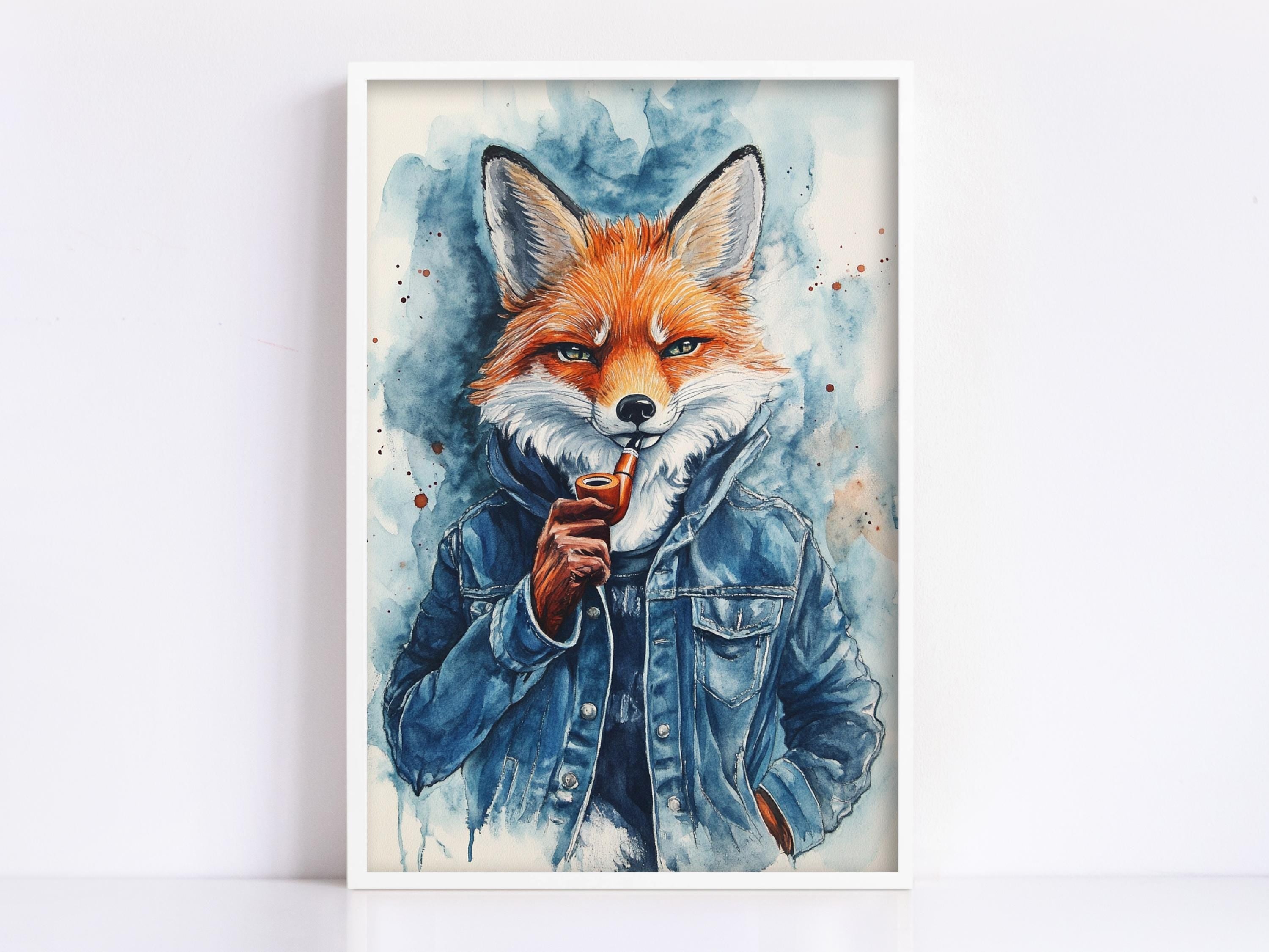 The image is a painting of a fox wearing a denim jacket and holding a pipe.