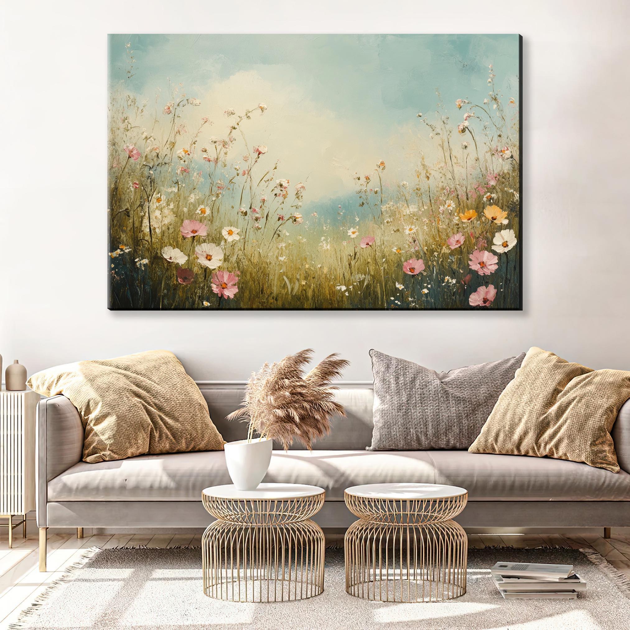 Vintage Wall Art – Extra Large Wildflower Canvas Print | Muted Color, Ready to Hang