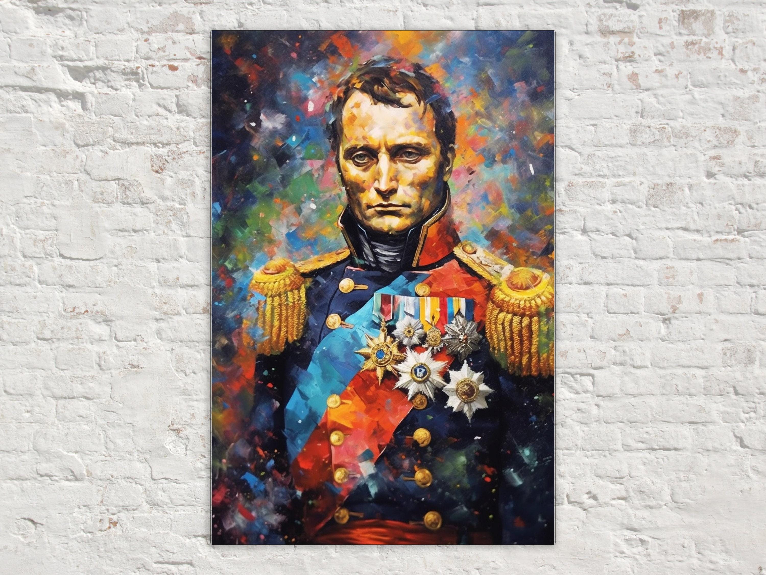 The image is a painting of a man wearing a military uniform with medals and insignia, set against a colorful background.