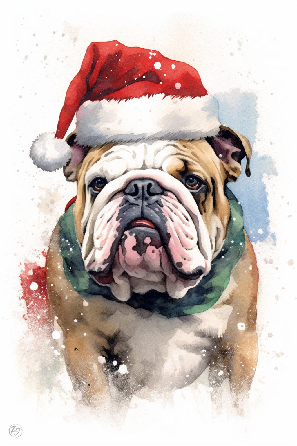 Festive English Bulldog in Santa Hat Watercolor Art, Giclee Print on Canvas, Artist Paper, Watercolor Paper, Available in Extra Large Sizes