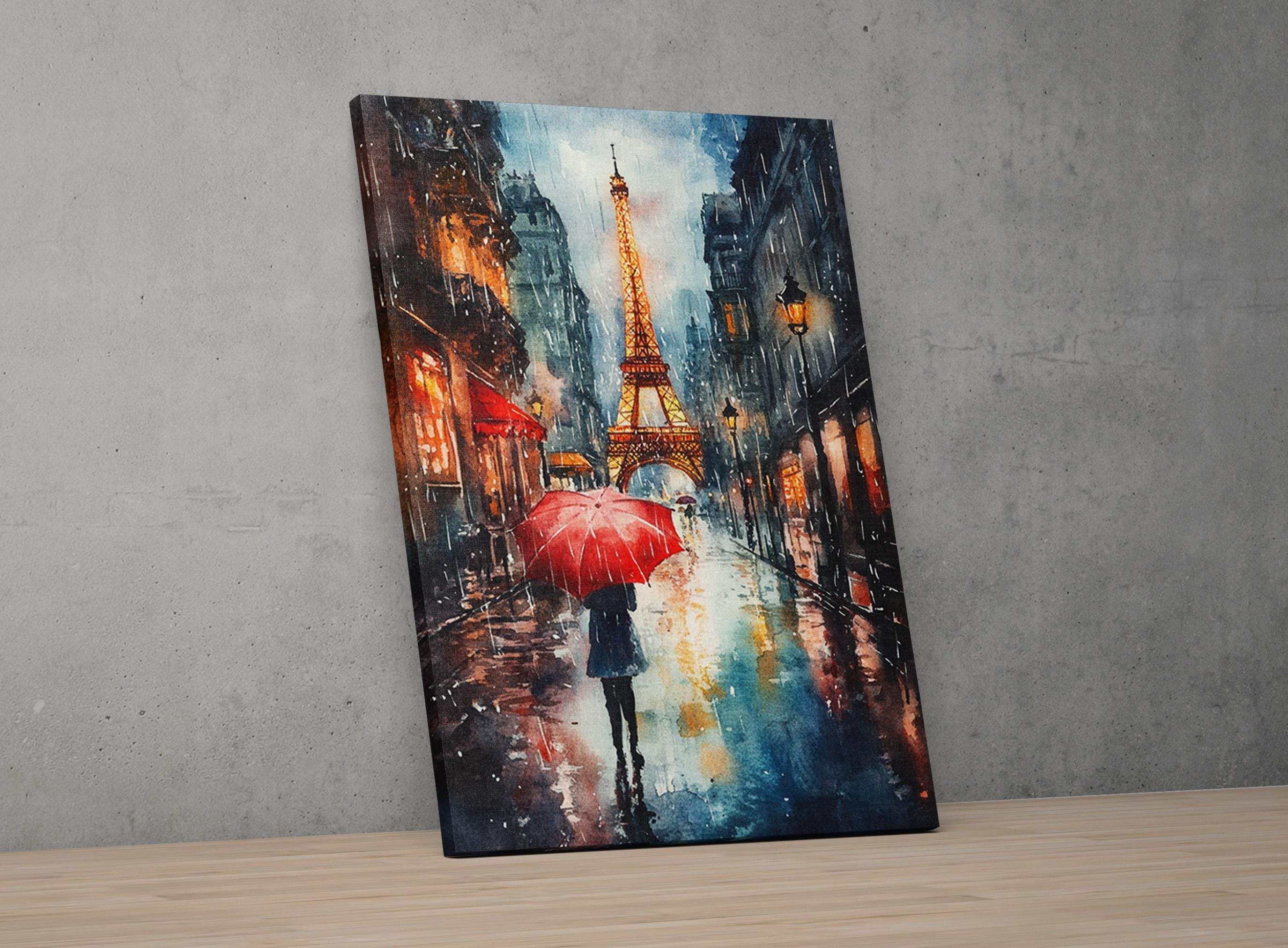 The image is a painting depicting a rainy city street scene with the Eiffel Tower in the background.
