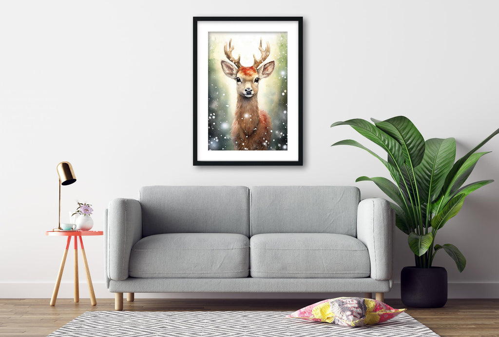 Baby Reindeer Watercolor - Festive Christmas Art, Giclee Print on Canvas, Artist Paper, Watercolor Paper, Available in Extra Large Sizes
