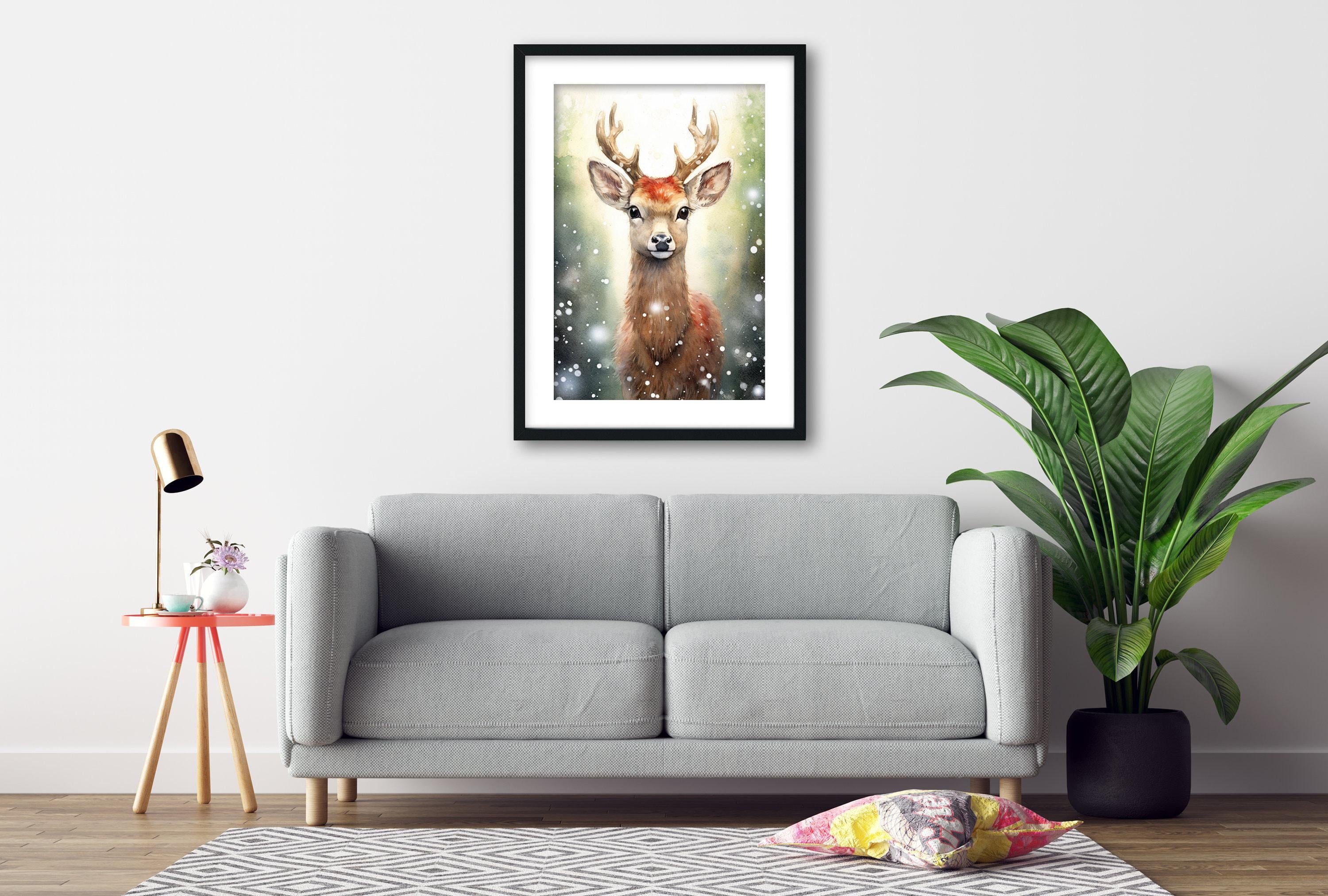 Baby Reindeer Watercolor - Festive Christmas Art, Giclee Print on Canvas, Artist Paper, Watercolor Paper, Available in Extra Large Sizes