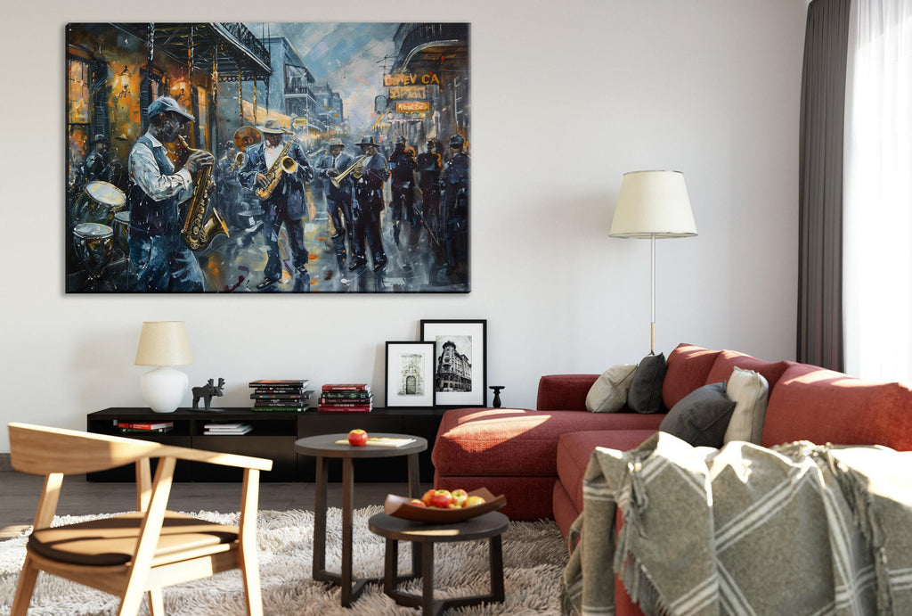 a cozy living room with a large painting of a lively street scene hanging on the wall. The room is furnished with a red couch, a wooden chair, and a coffee table with a bowl of fruit. The overall atmosphere of the room is warm and inviting, with the painting adding a touch of color and artistic flair to the space.