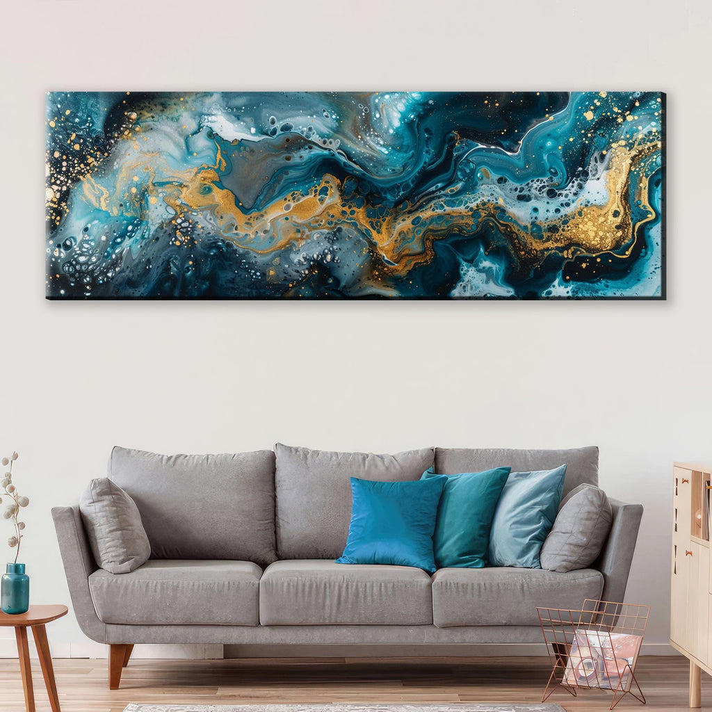a living room with a couch and a painting on the wall