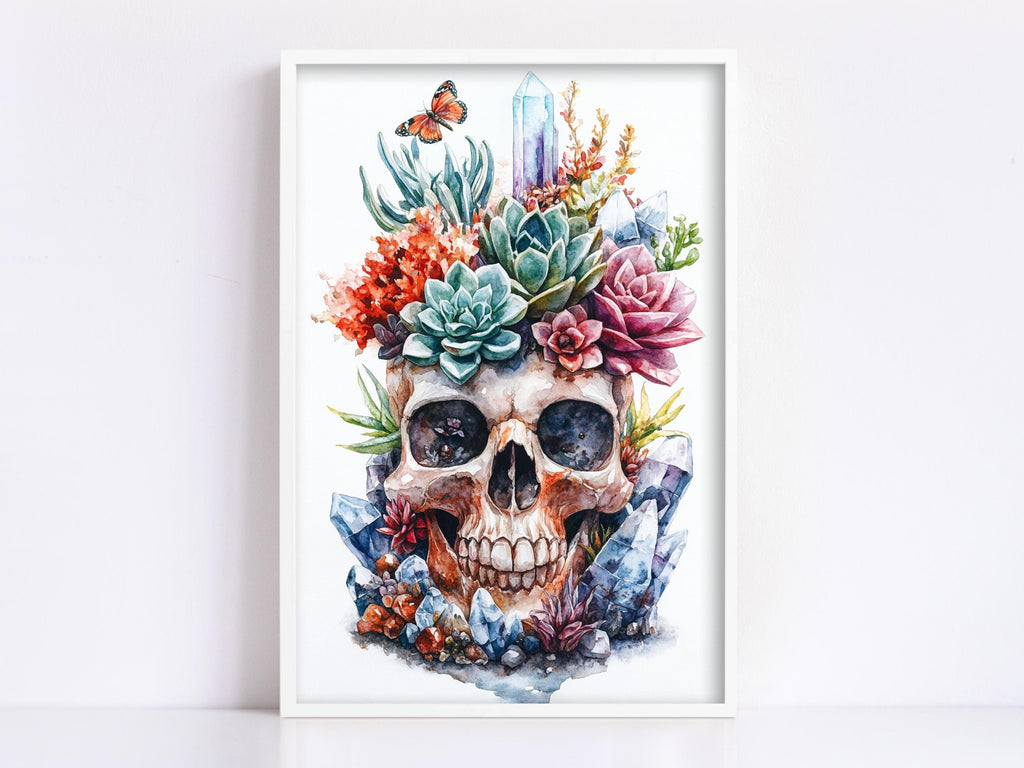 The image is a framed artwork depicting a skull surrounded by a variety of colorful flowers, plants, and crystals.