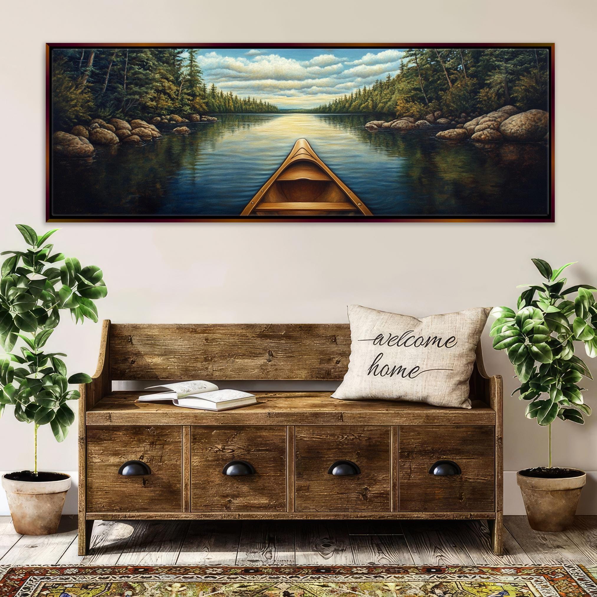 a painting of a boat on a lake