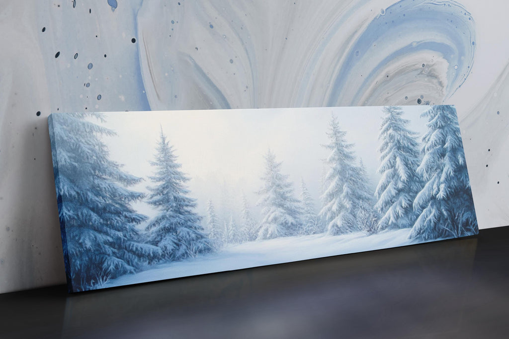 a painting of a snowy landscape with pine trees