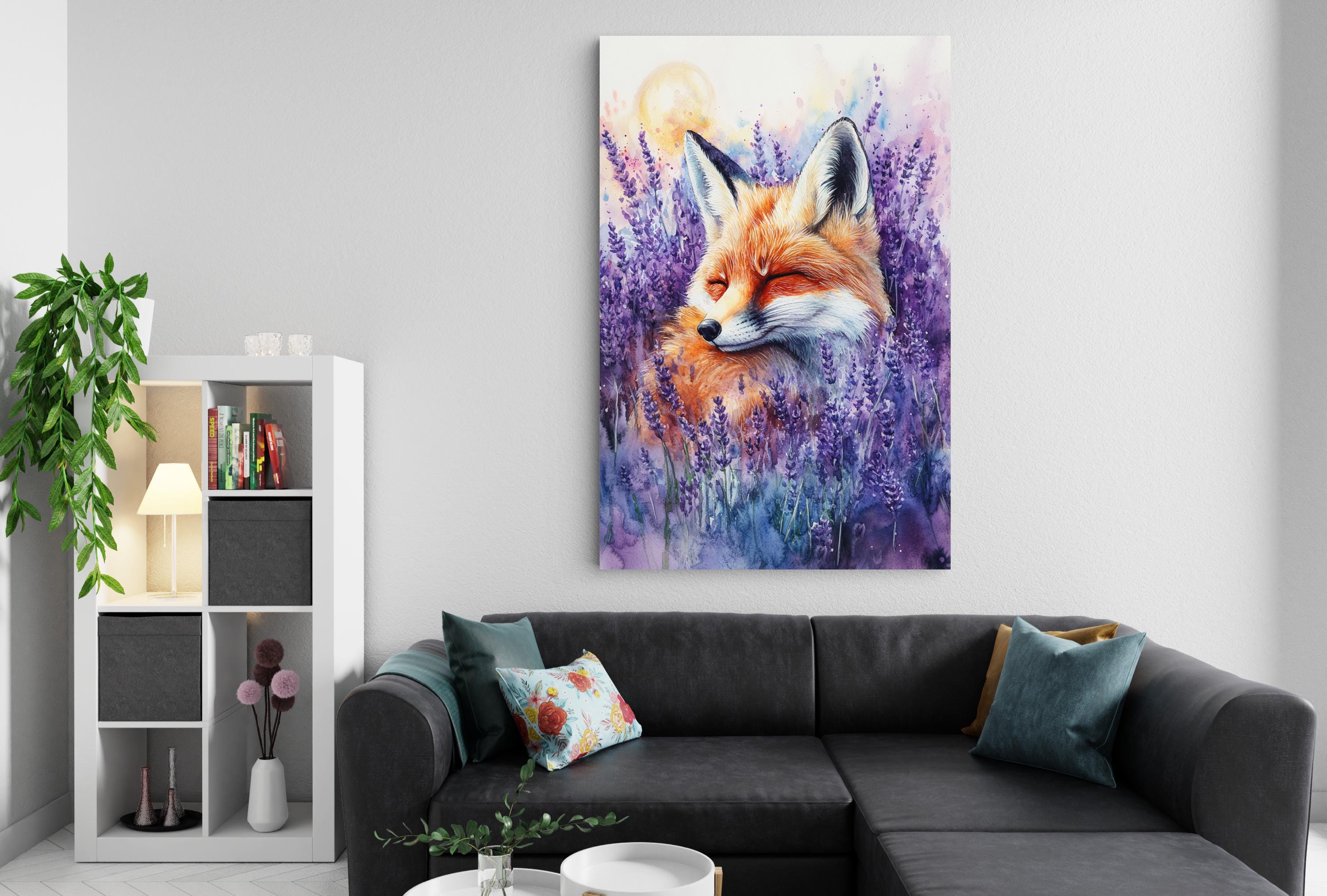 a living room with a gray sectional sofa, a bookshelf, and a large painting of a fox in a field of purple flowers hanging on the wall.