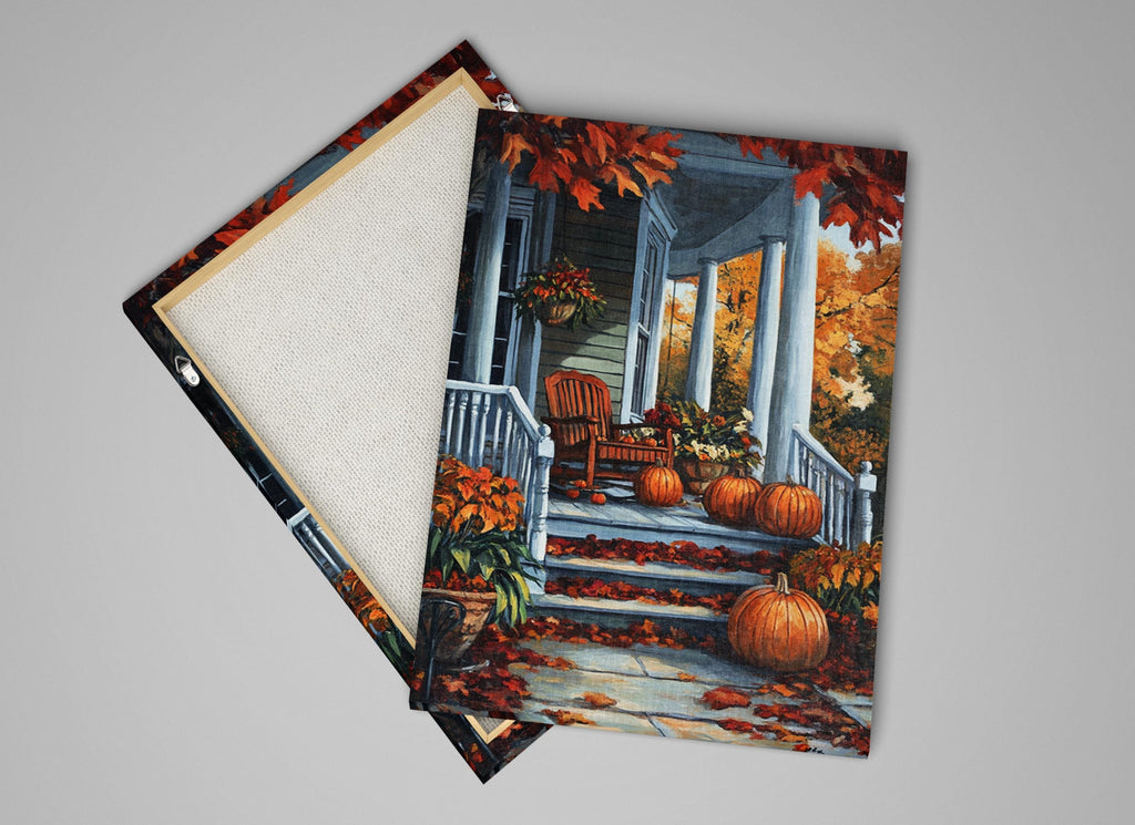 a cozy autumn scene with a porch, a wooden rocking chair, and several pumpkins and flowers arranged on the steps.