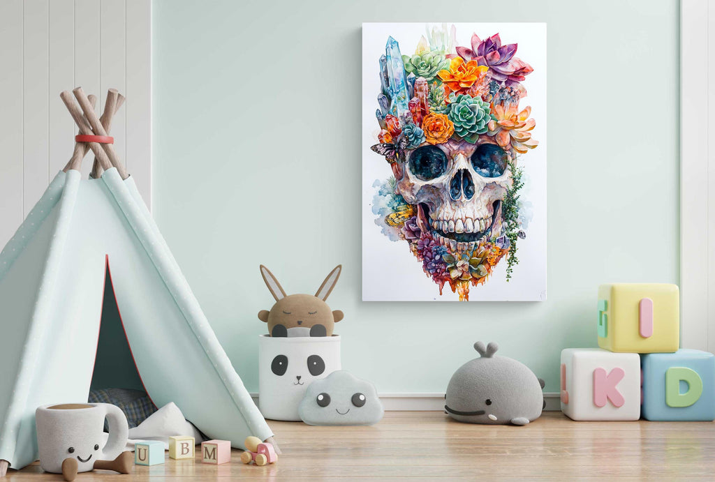 A colorful and whimsical children's room with a teepee, stuffed animals, and a skull-themed artwork on the wall.
