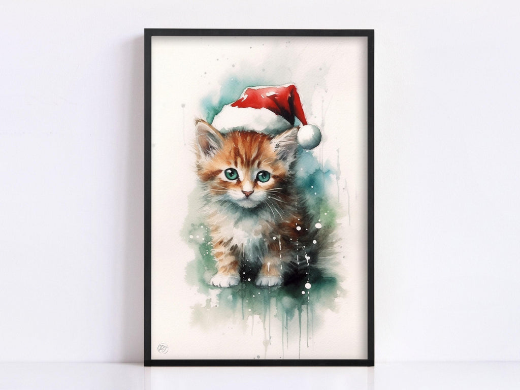 Festive Kitten in Santa Hat Watercolor Art Print, Giclee Print on Canvas, Artist Paper, Watercolor Paper, Available in Extra Large Sizes