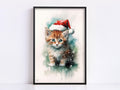 Festive Kitten in Santa Hat Watercolor Art Print, Giclee Print on Canvas, Artist Paper, Watercolor Paper, Available in Extra Large Sizes