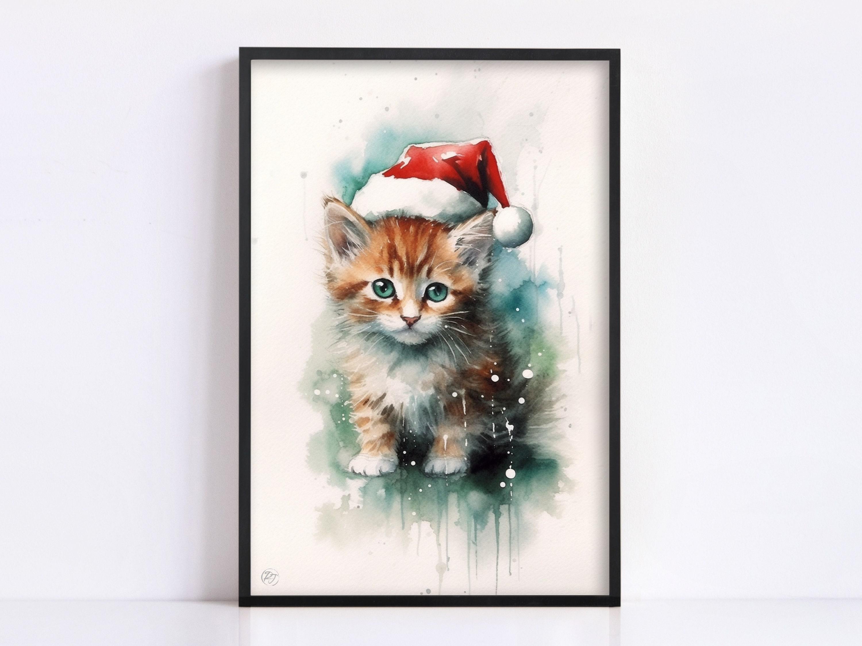 Festive Kitten in Santa Hat Watercolor Art Print, Giclee Print on Canvas, Artist Paper, Watercolor Paper, Available in Extra Large Sizes