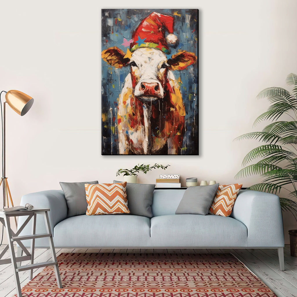 Festive Cow Canvas - Whimsical Christmas Wall Art | Holiday Farm Art Print
