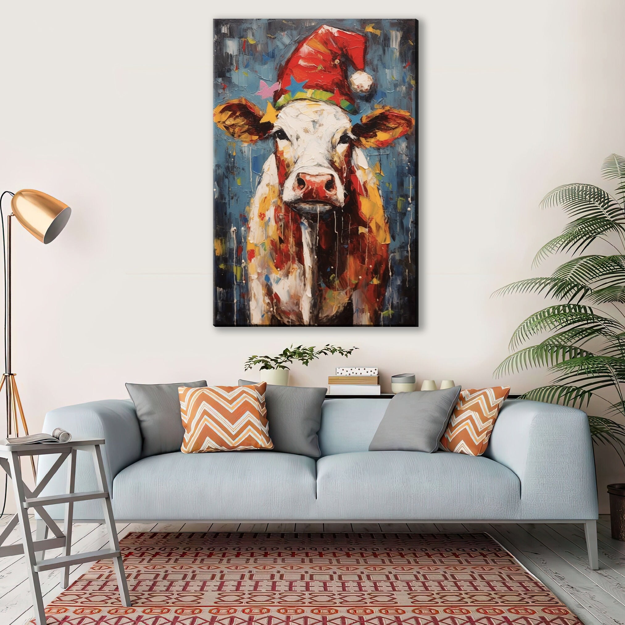Festive Cow Canvas - Whimsical Christmas Wall Art | Holiday Farm Art Print