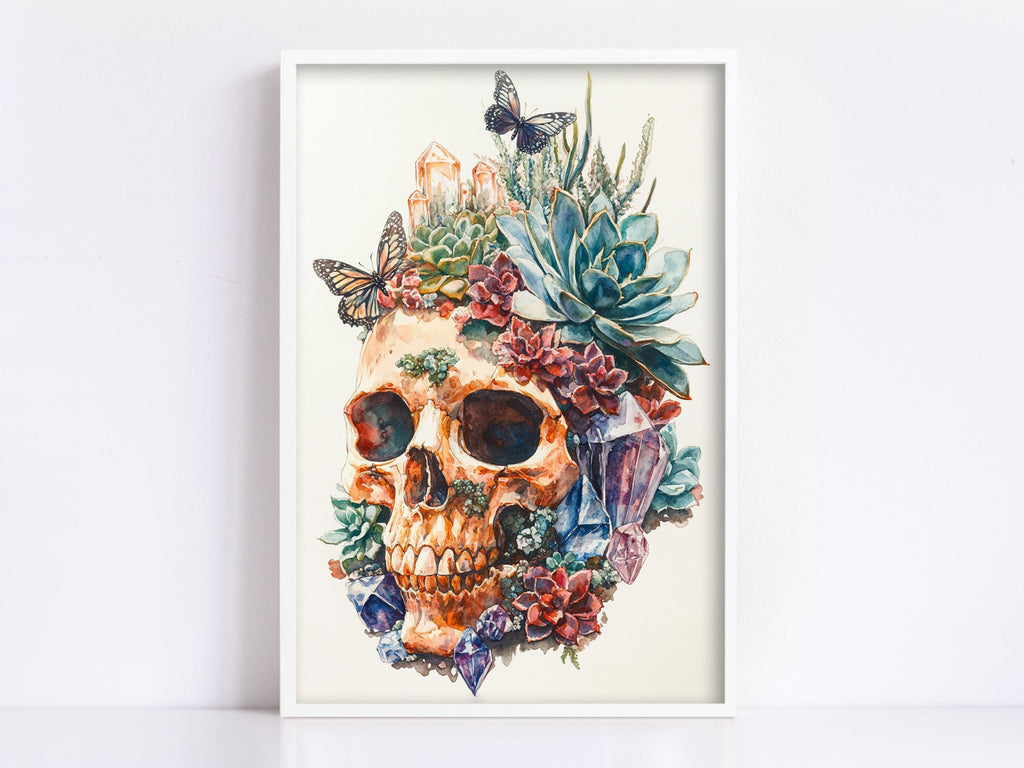 The image is a framed artwork depicting a skull surrounded by a variety of colorful plants, flowers, and butterflies.