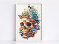 The image is a framed artwork depicting a skull surrounded by a variety of colorful plants, flowers, and butterflies.