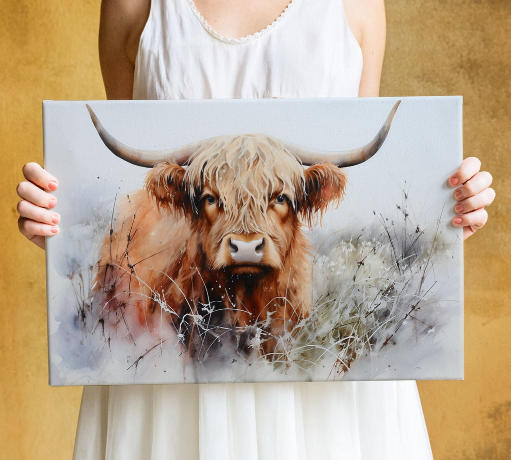 Watercolor Highland Cow Wall Art Print, Giclee Print on Canvas, Artist Paper, Watercolor Paper, Available in Extra Large Sizes