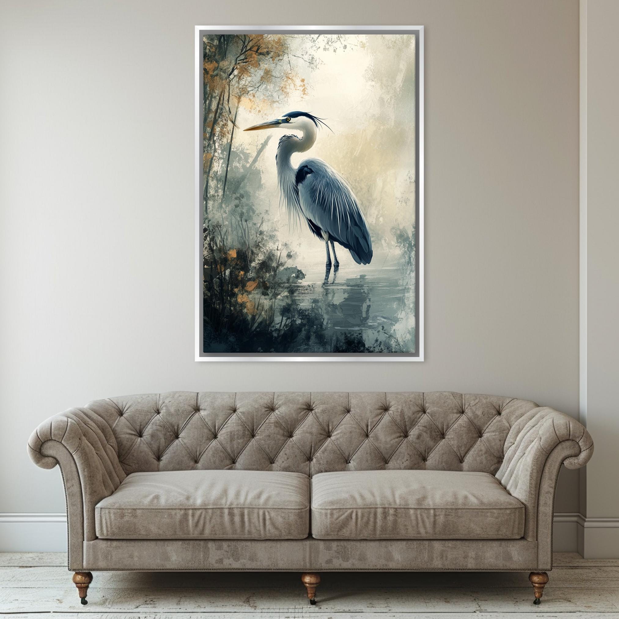 a painting of a bird on a wall above a couch