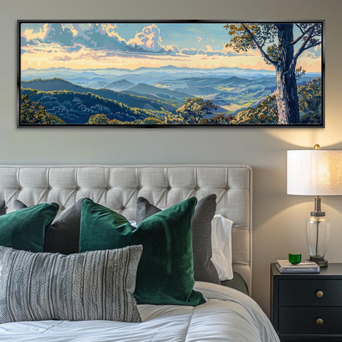 a bedroom with a large painting on the wall above the bed