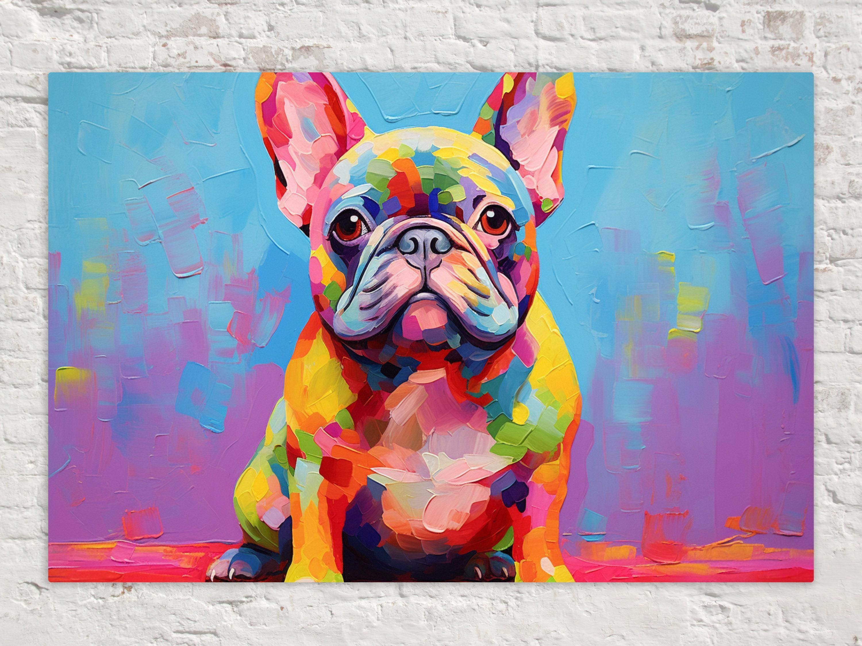 A colorful painting of a French Bulldog sitting on a pink surface against a blue background.