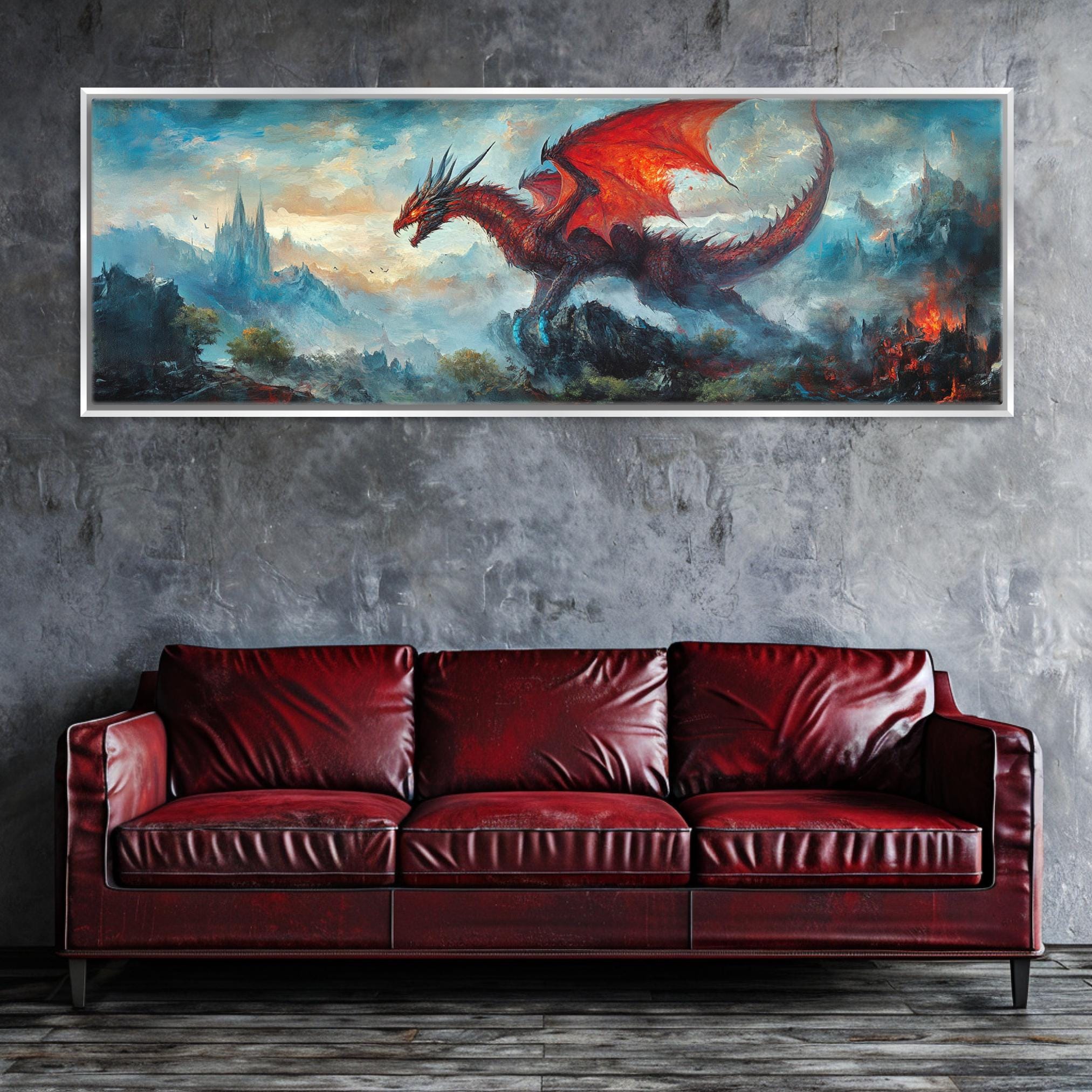 a living room with a couch and a painting on the wall