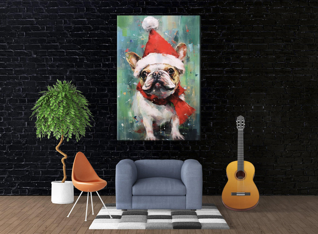 French Bulldog Christmas Art – Festive Dog Painting on Extra Large Gallery Wrapped Canvas