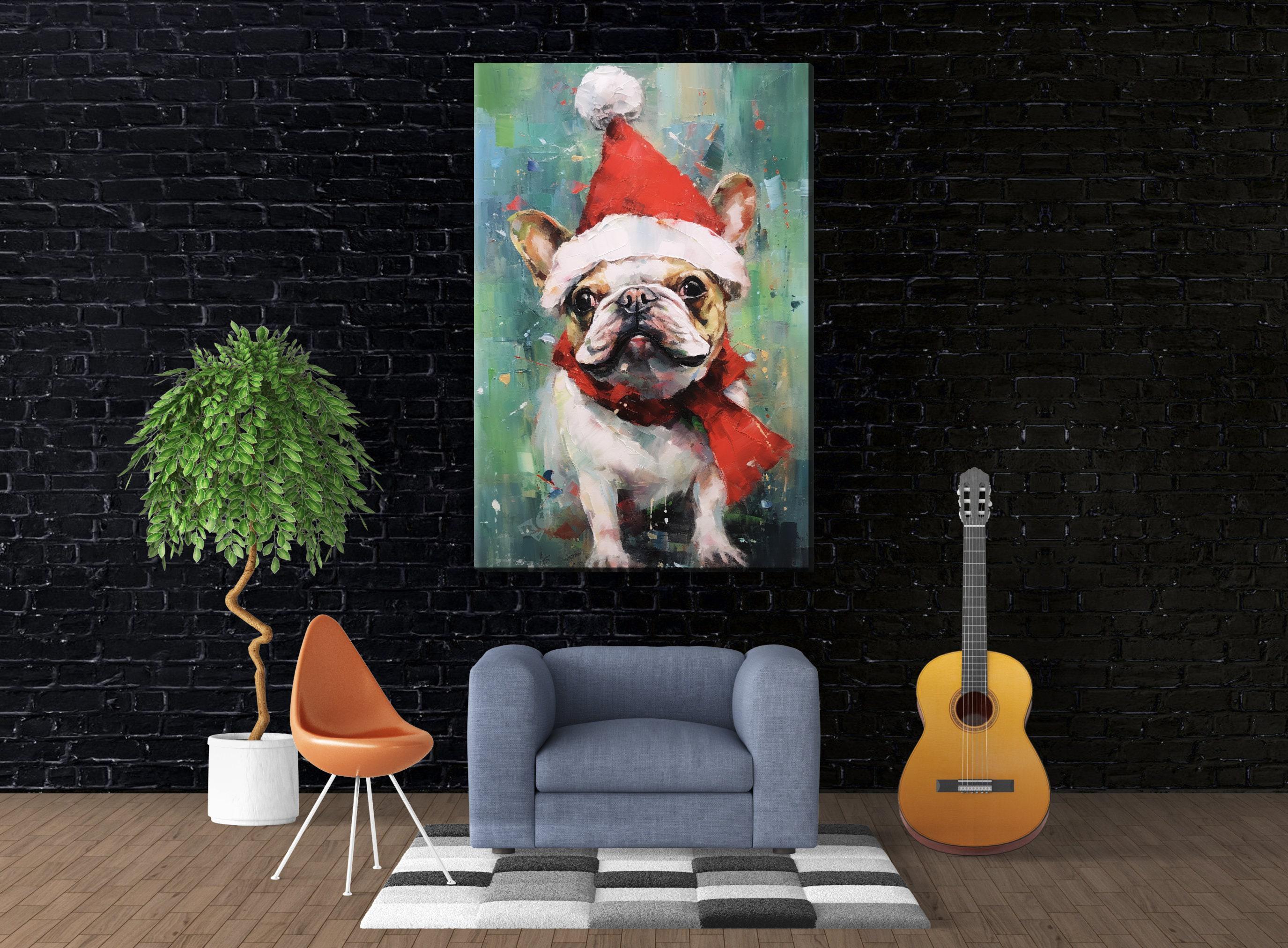 French Bulldog Christmas Art – Festive Dog Painting on Extra Large Gallery Wrapped Canvas