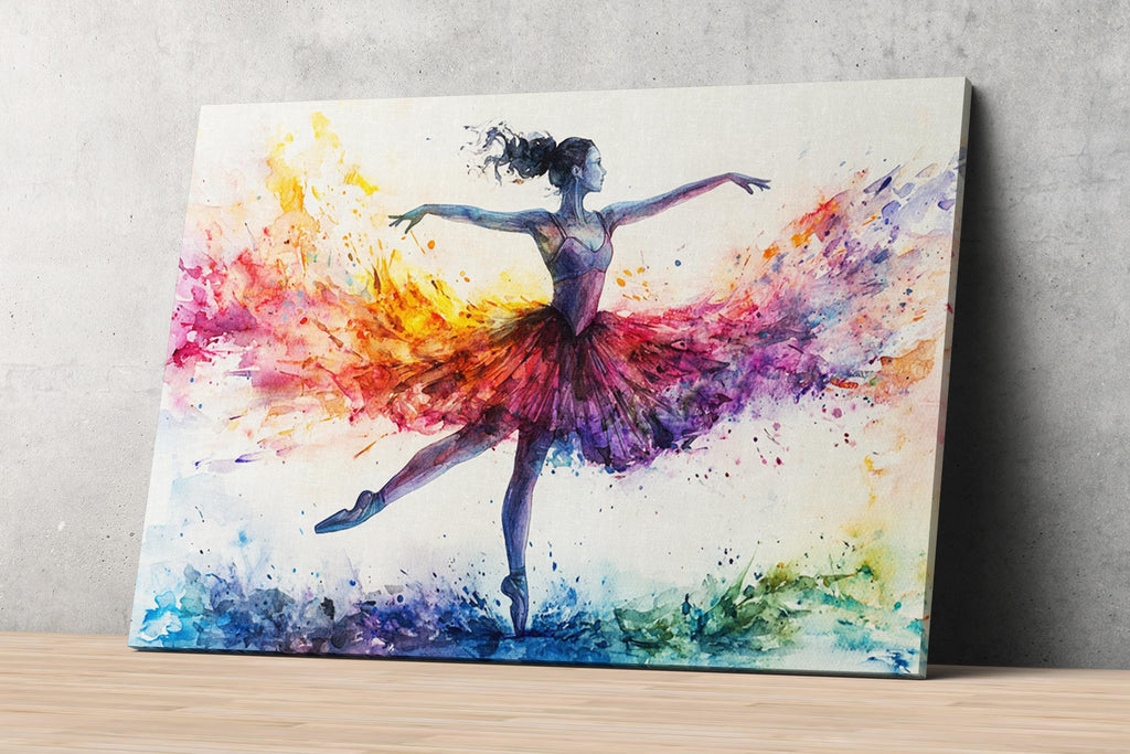 A watercolor painting depicting a ballerina in a colorful tutu, with her arms outstretched and her hair flowing, set against a backdrop of vibrant, abstract splashes of color.