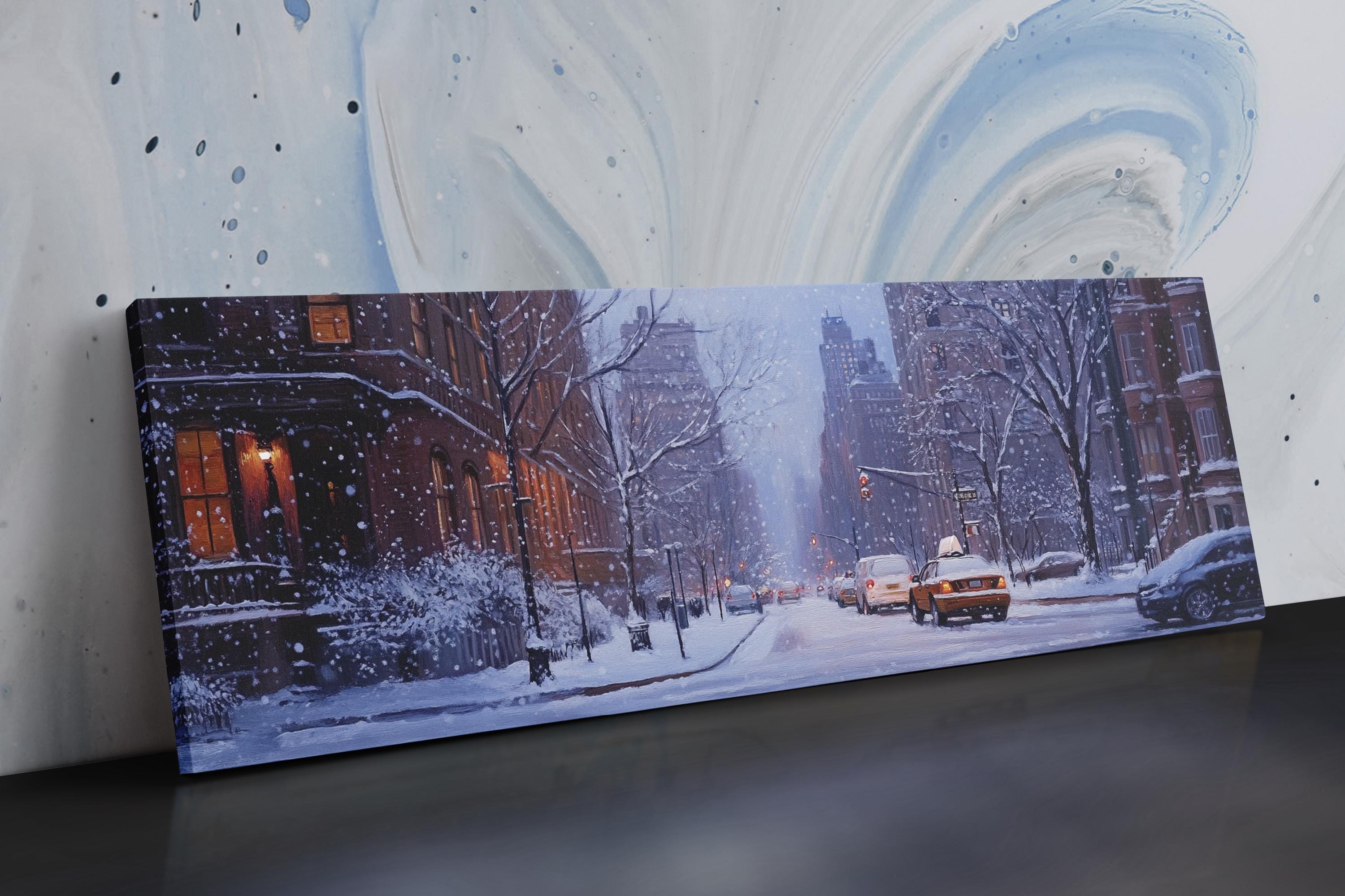 a painting of a snowy city street with cars