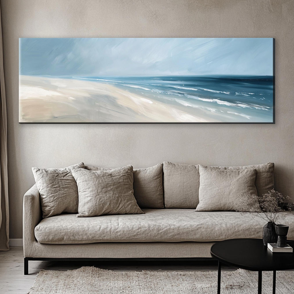 a living room with a couch and a painting on the wall