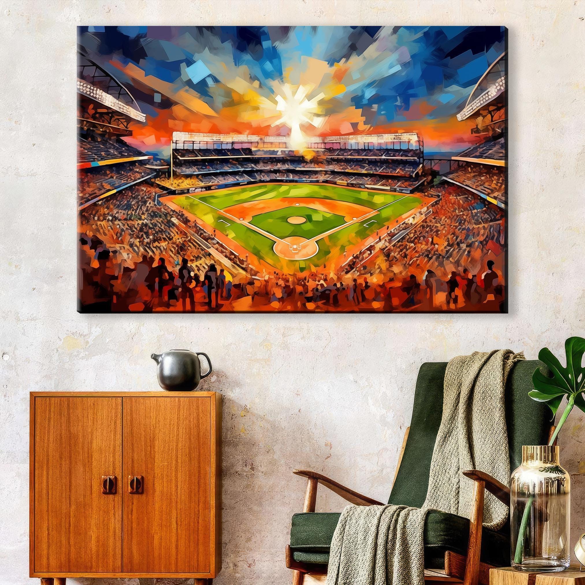 a vibrant and colorful painting of a baseball stadium, with a large crowd of spectators filling the stands and a large sun shining brightly in the sky.