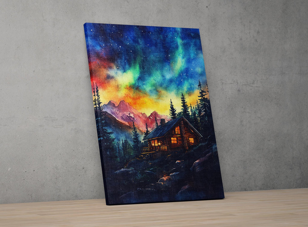 The image is a painting depicting a cabin nestled in a mountainous landscape, with a vibrant night sky and colorful stars above.