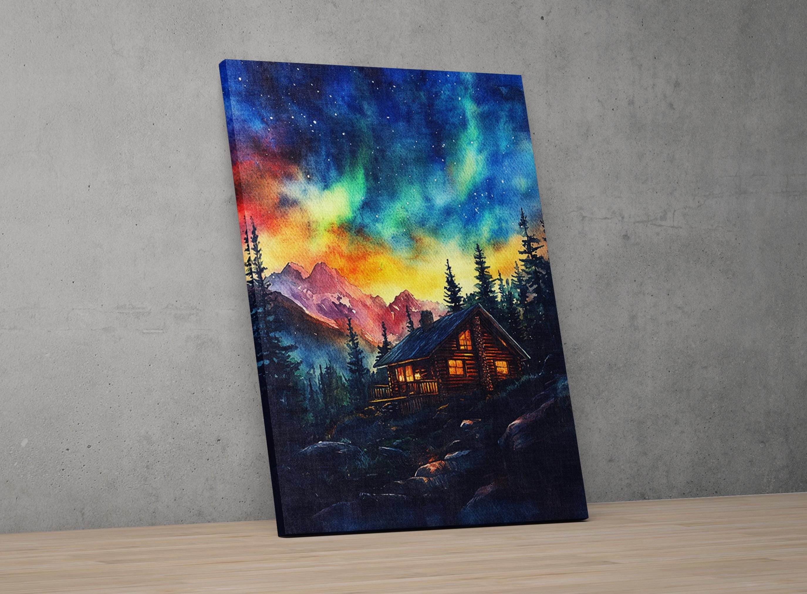 The image is a painting depicting a cabin nestled in a mountainous landscape, with a vibrant night sky and colorful stars above.