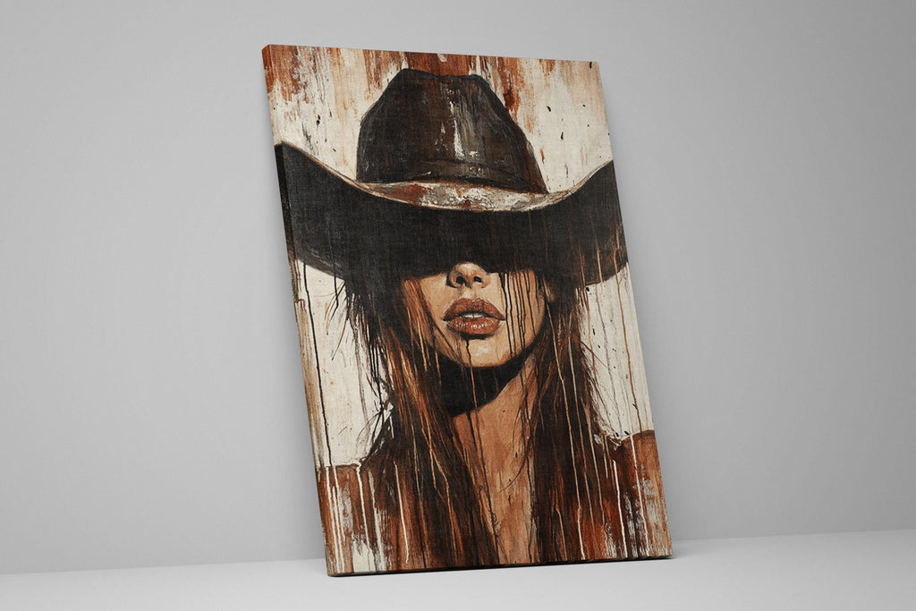 a painting of a woman wearing a cowboy hat