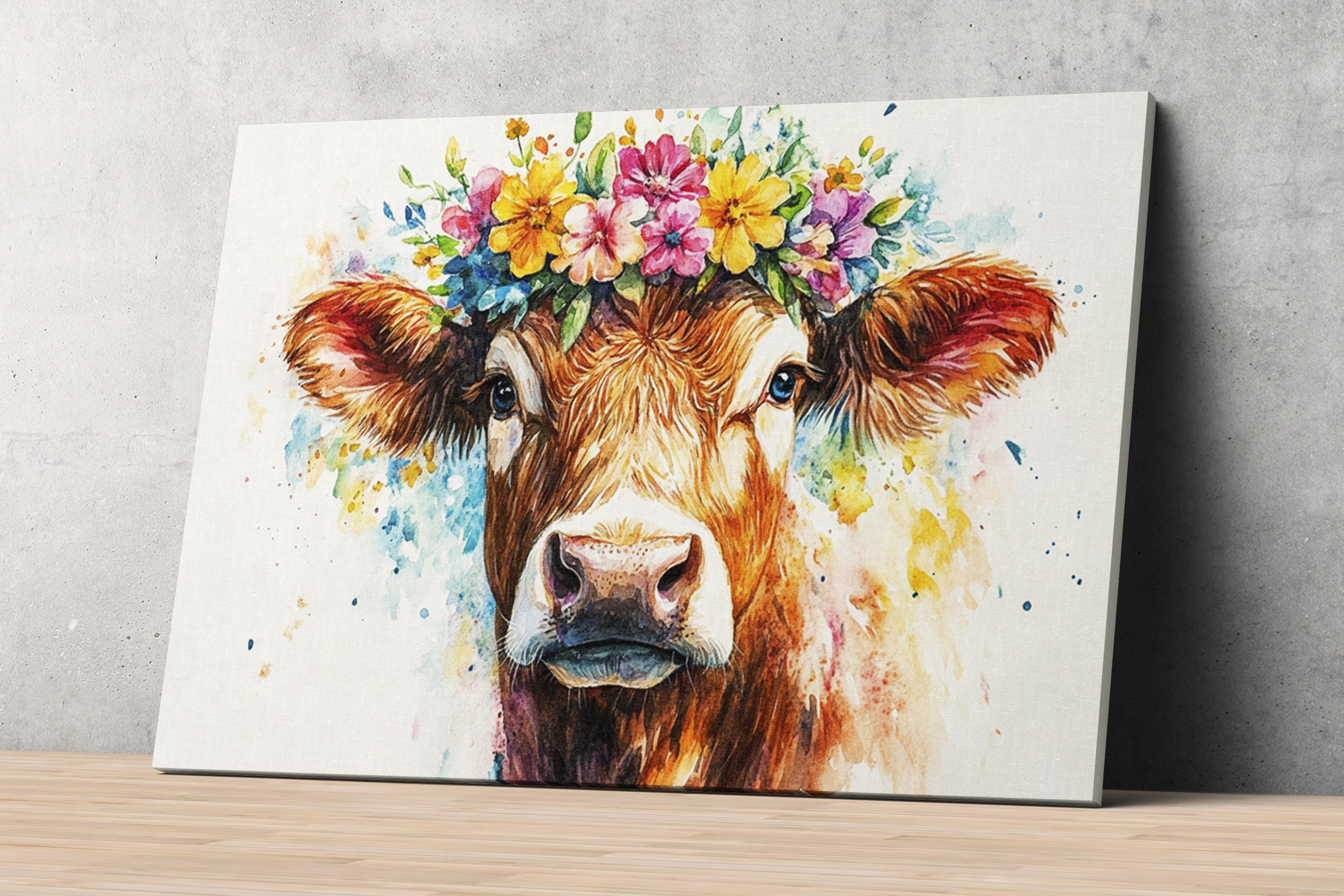 A painting of a cow wearing a colorful flower crown on its head.