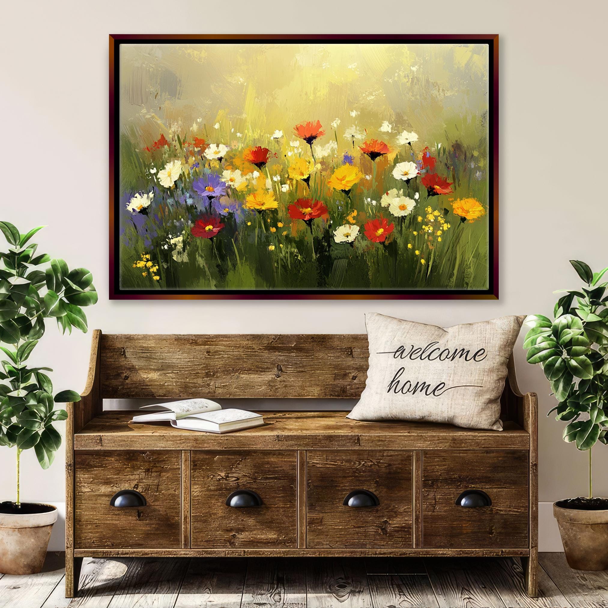 a painting of flowers on a wall above a bench
