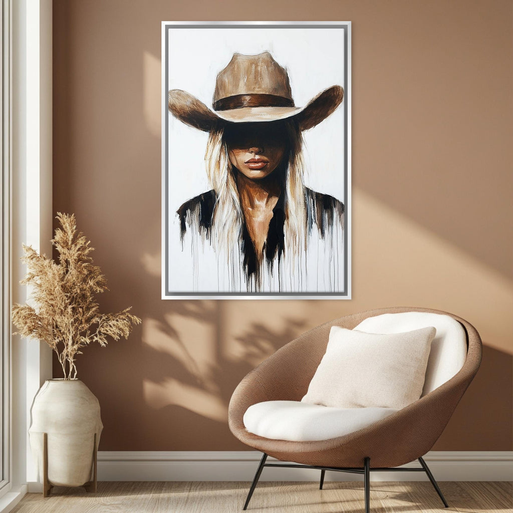 a painting of a woman wearing a cowboy hat