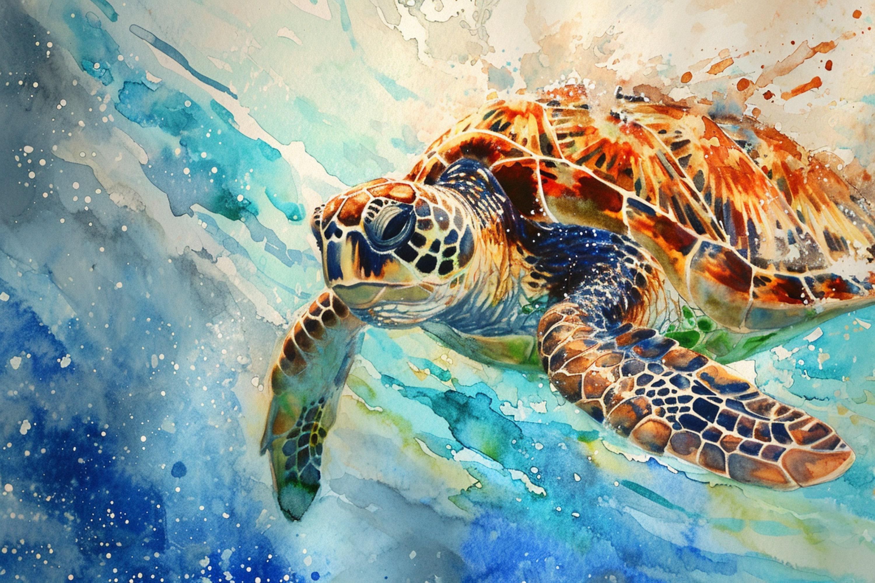 Vibrant Sea Turtle Watercolor – Oceanic Colors Wall Art, Print on Canvas, Artist Paper, Watercolor Paper, Available in Extra Large Sizes