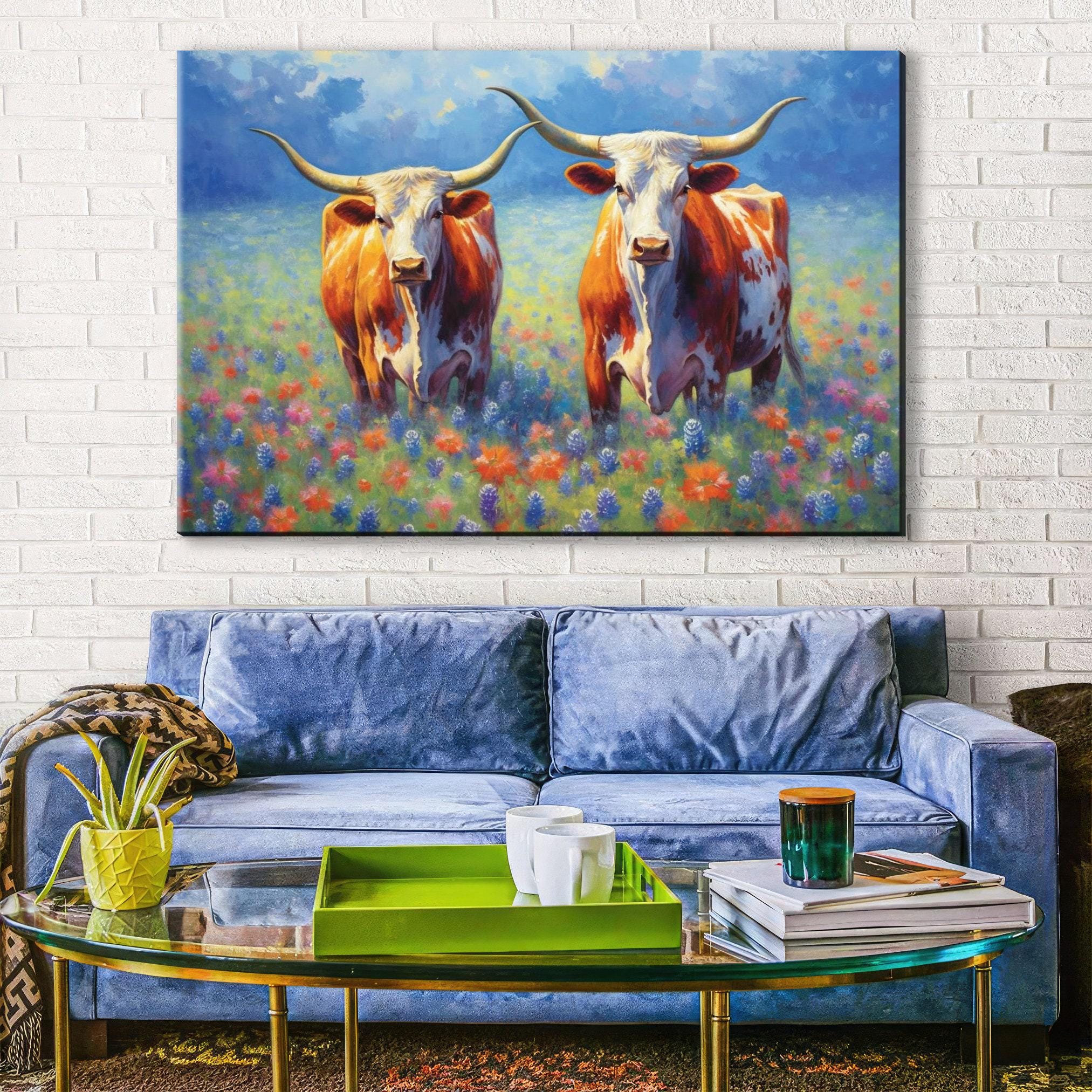 Texas Longhorn Canvas Art - Bluebonnet Painting | Large Western Wall Art Decor