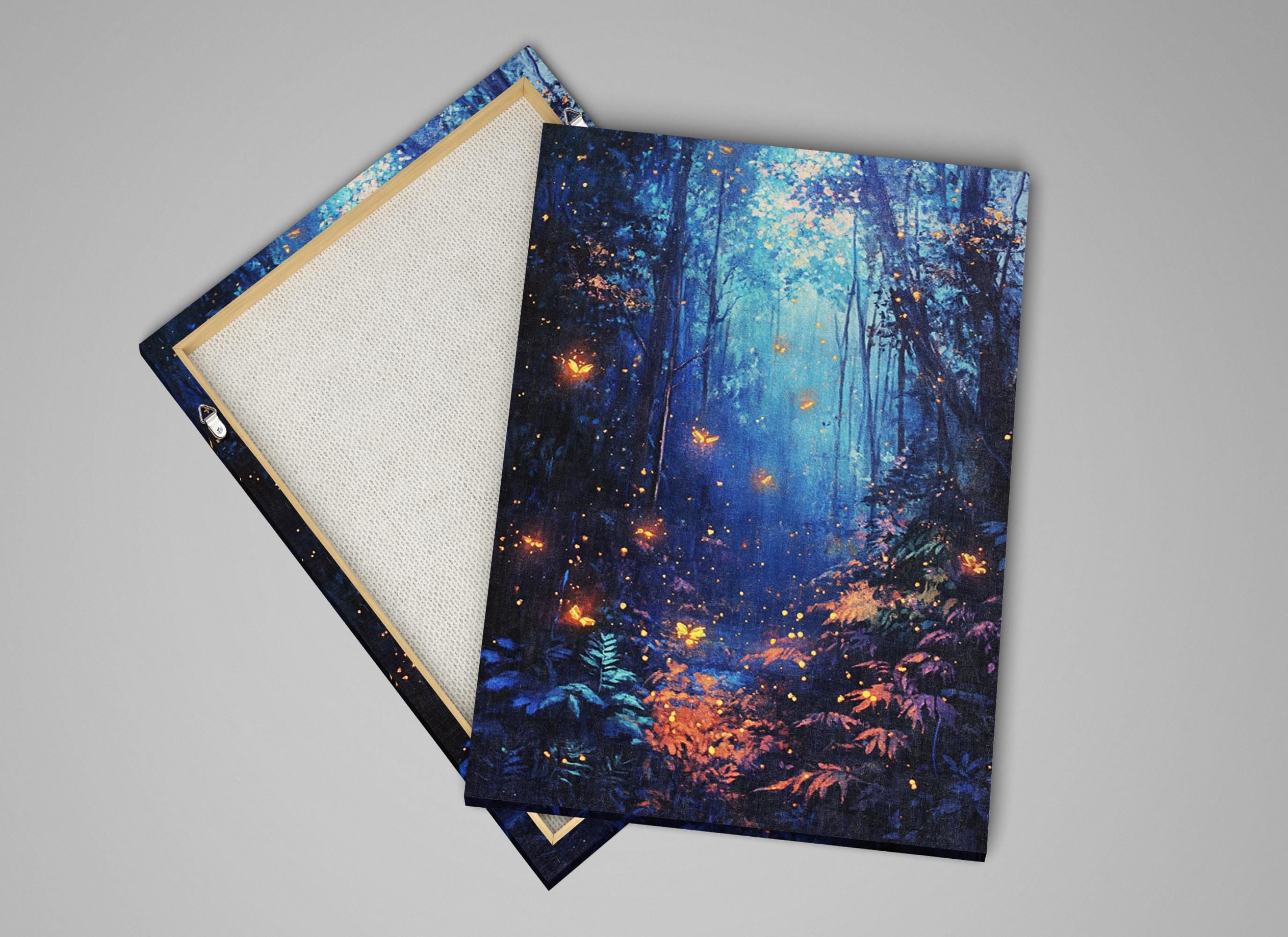 a painting of a forest scene with lights