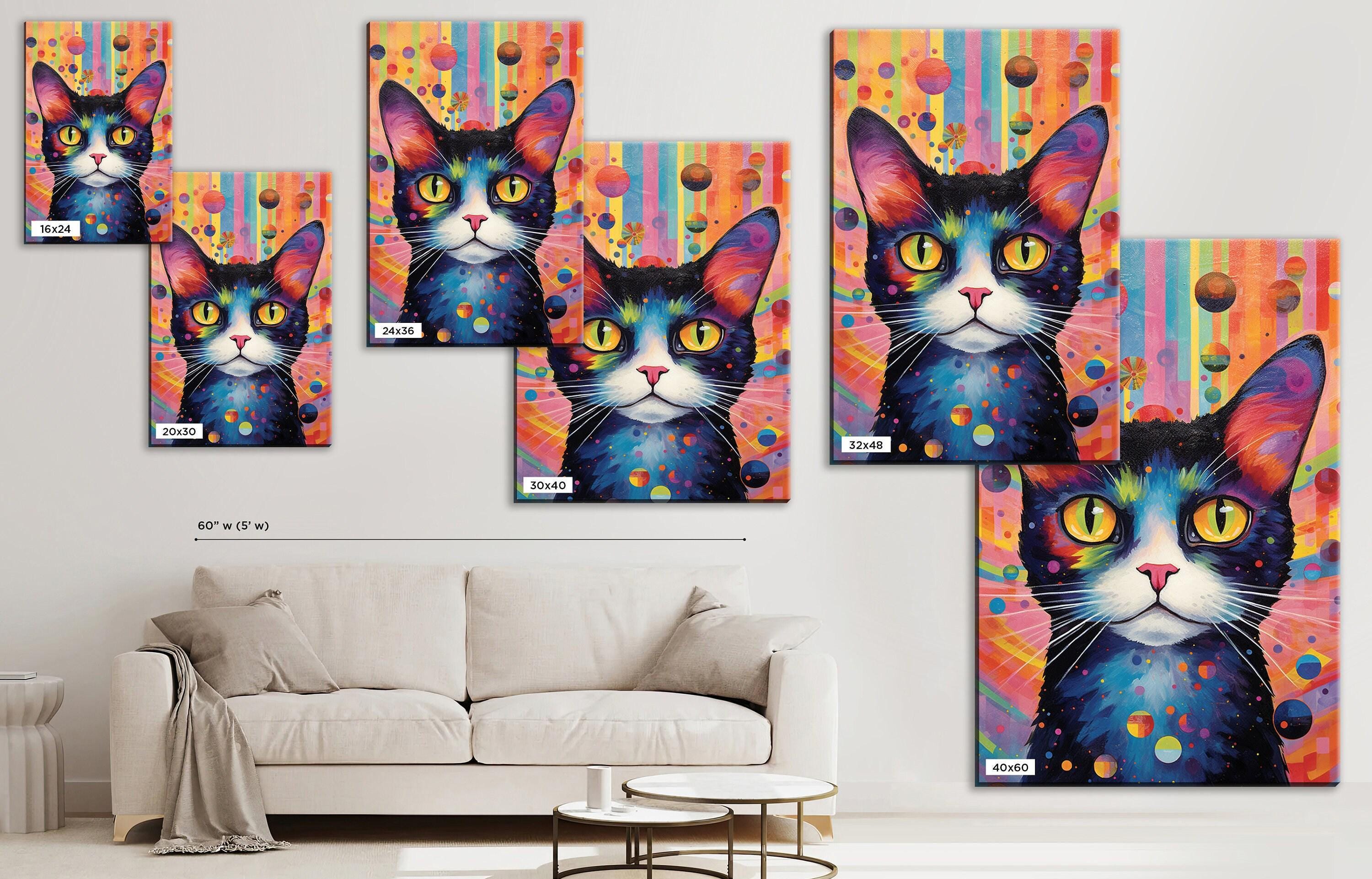 Cat Canvas Wall Art – Large Whimsical Kitten Painting | Colorful Cat Artwork