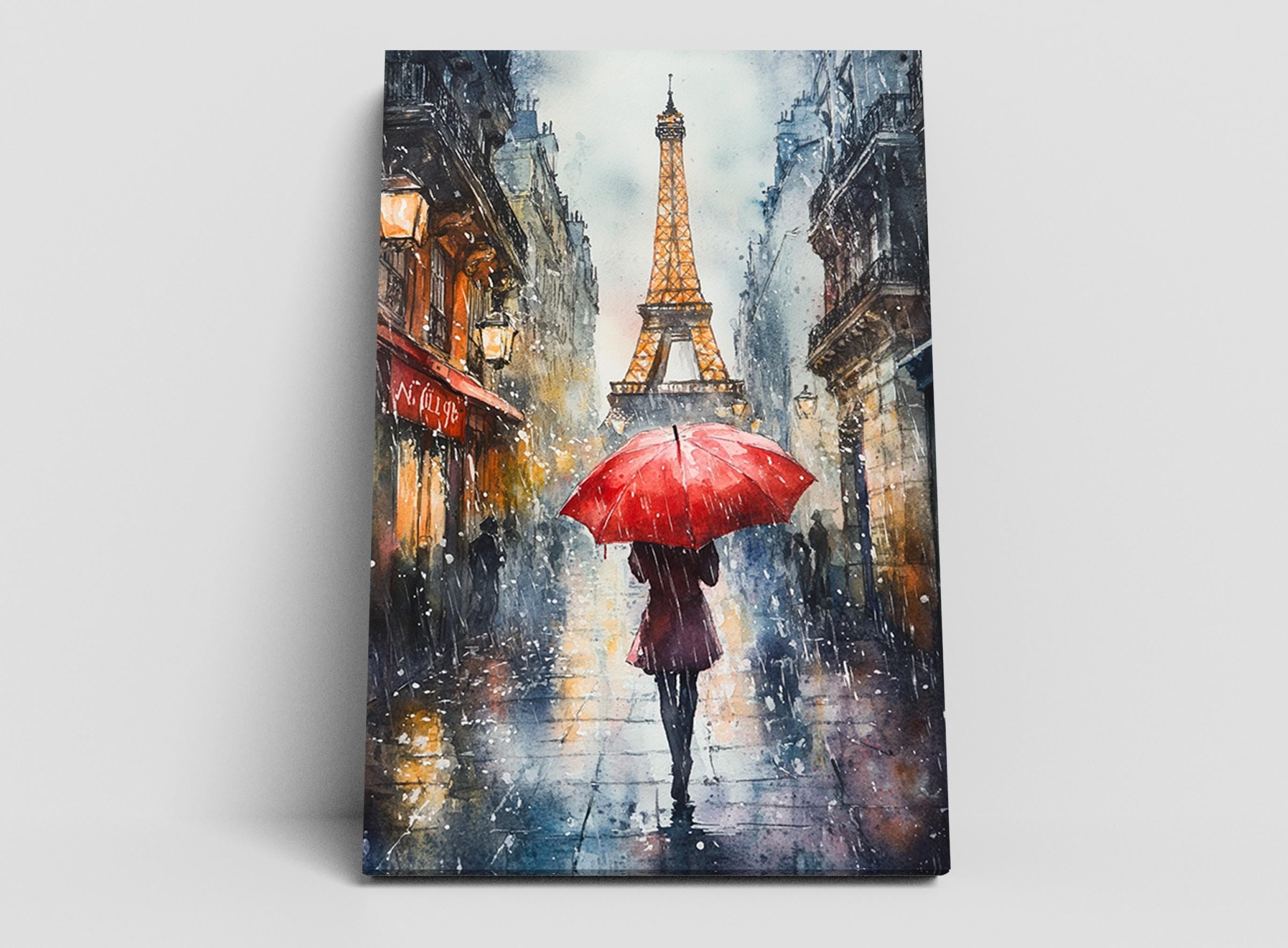 A woman walks down a rainy street, holding a red umbrella, with the Eiffel Tower visible in the background.