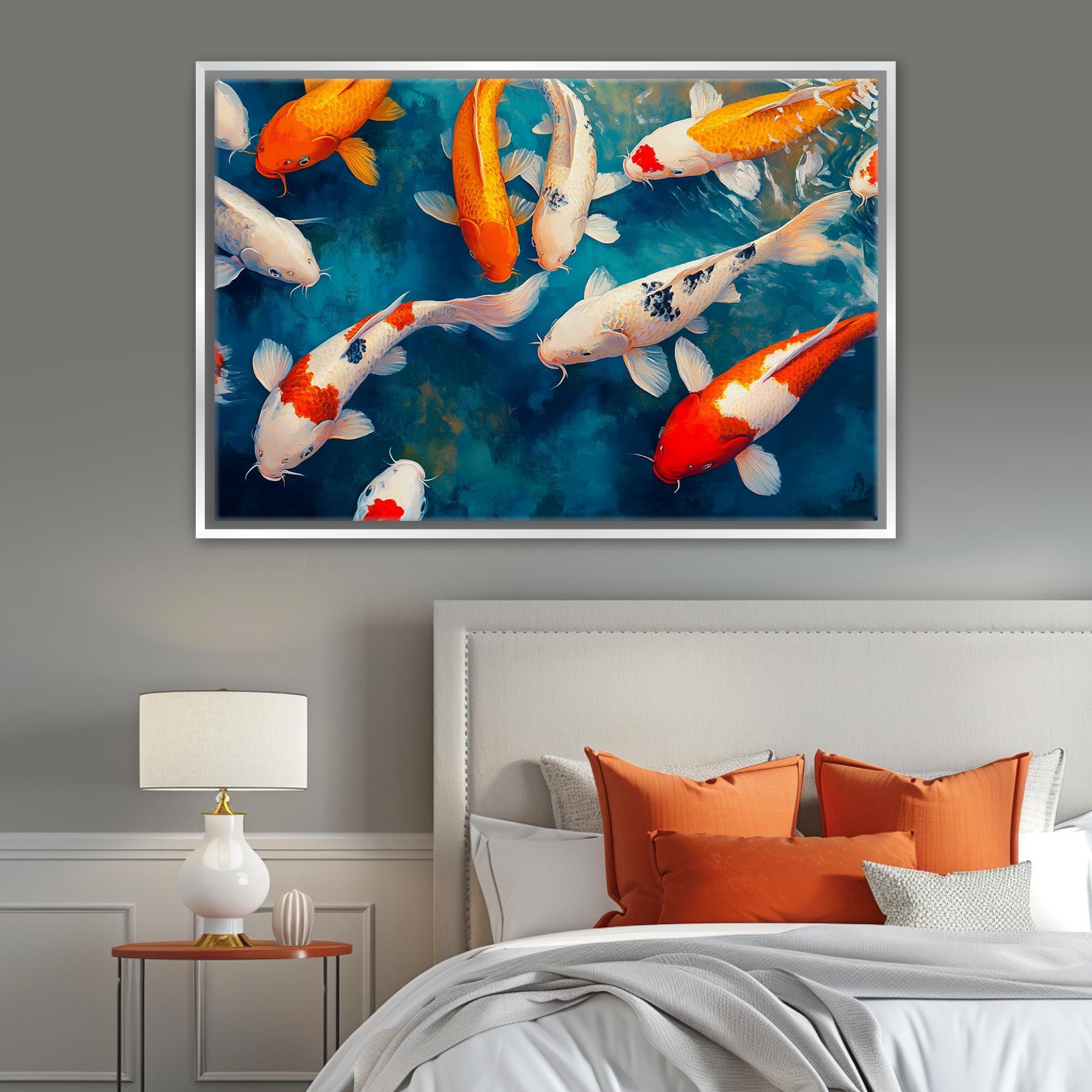 a bedroom with a bed and a painting on the wall