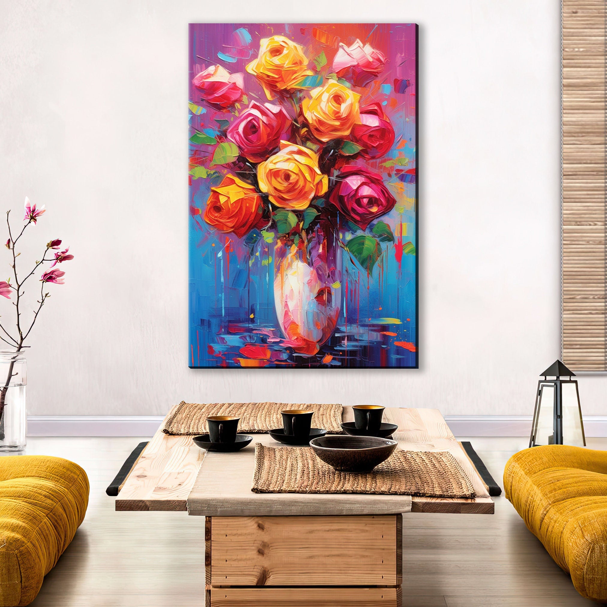Rose Bouquet Canvas – Large Floral Wall Decor | Vibrant Abstract Roses Art Print