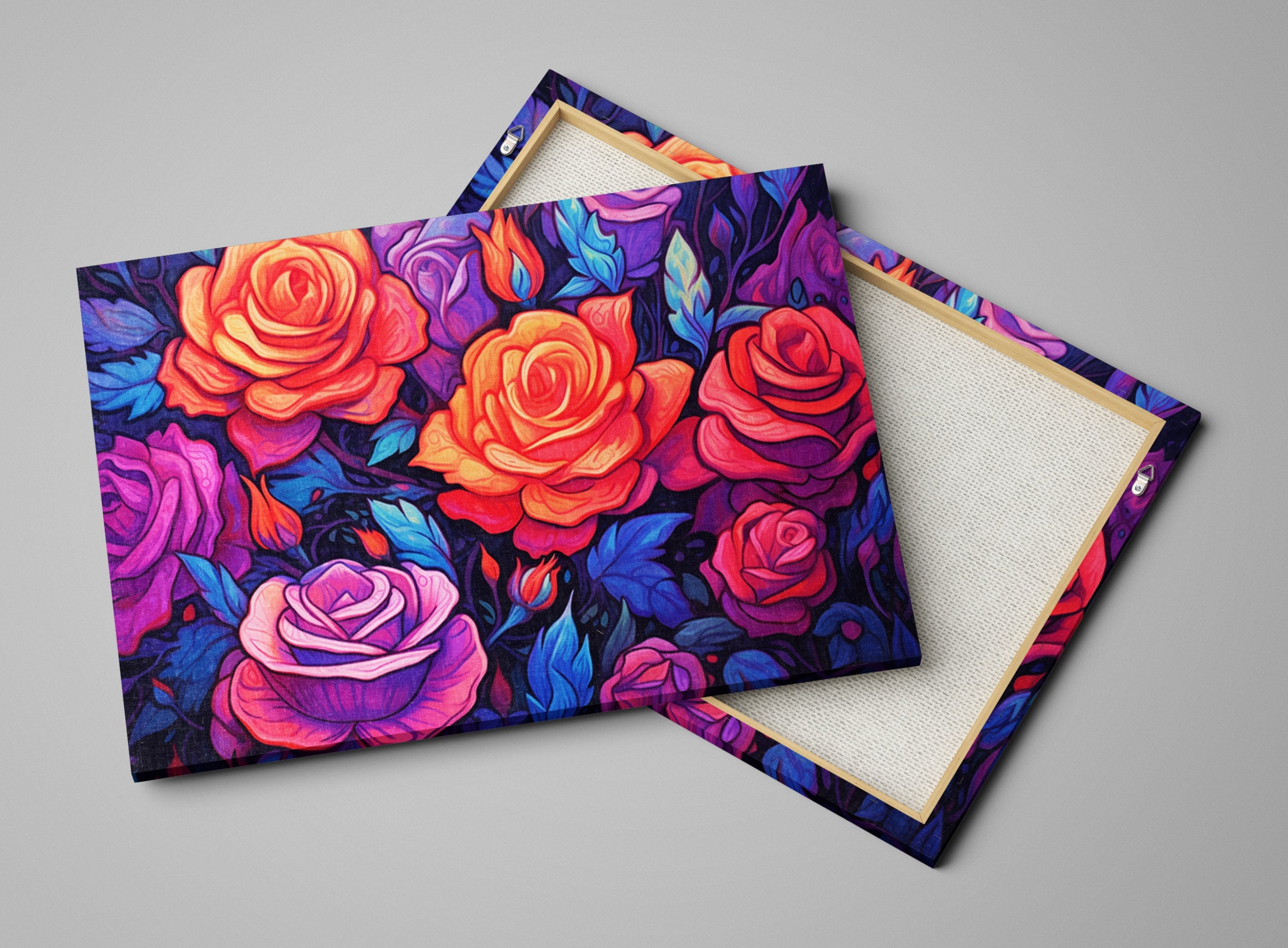 Canvas Wall Art – Neon Roses Floral Wall Decor on Large Gallery Ready Canvas Print