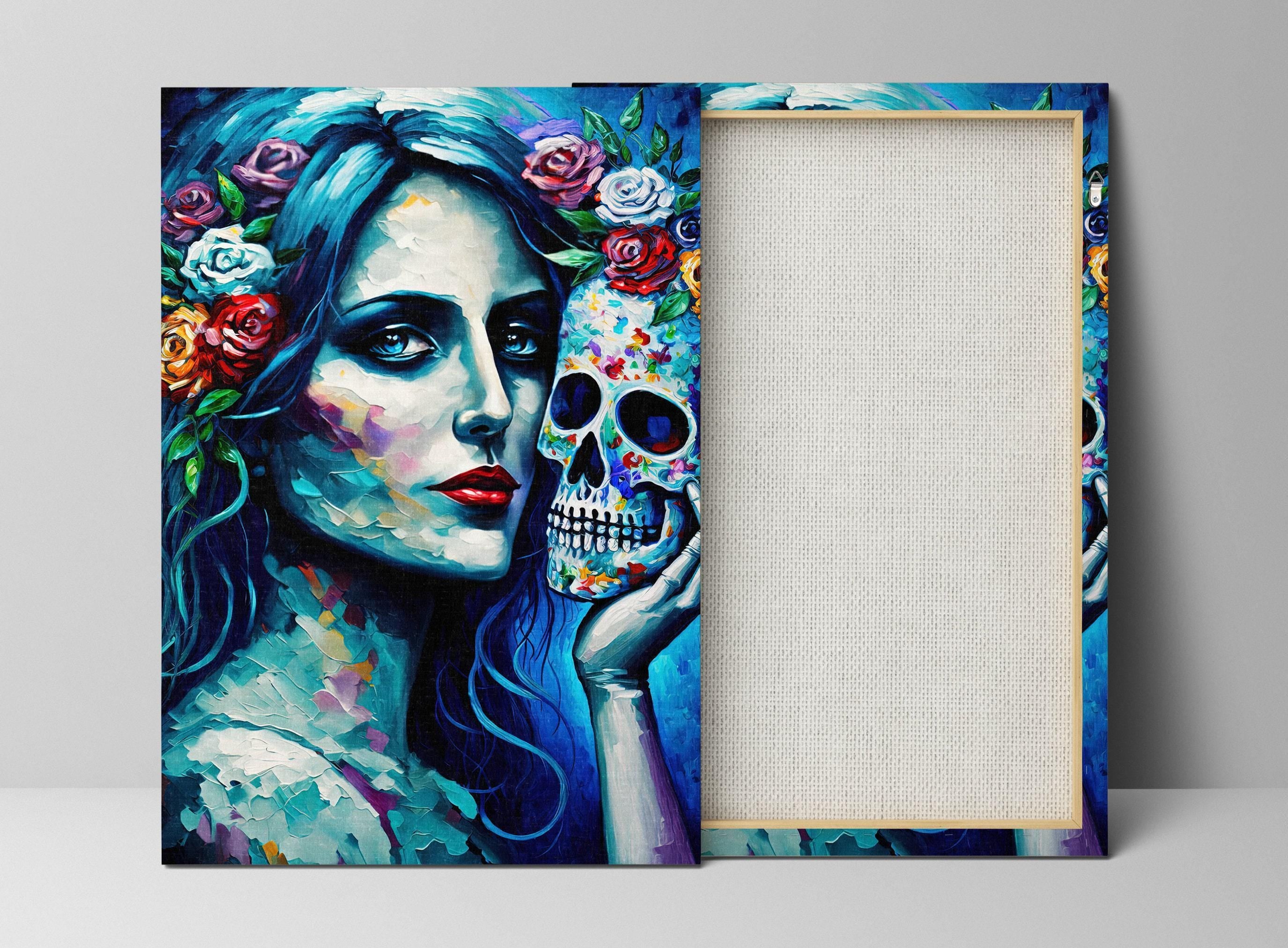 Blue Sugar Skull Canvas - Day of the Dead Art | Gallery Wrapped, Ready to Hang, Extra Large