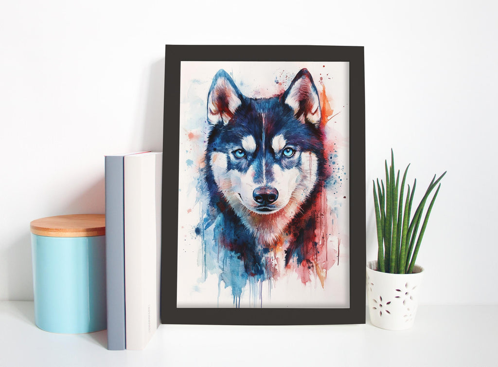 a framed painting of a husky dog with a blue and white color scheme, placed on a shelf next to a potted plant and some books.