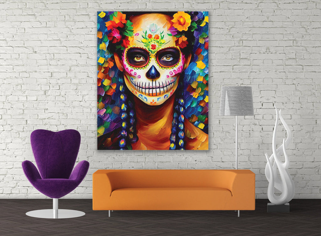 Sugar Skull Wall Art - Dia De Los Muertos Art Canvas Featuring Colorful Skull Print